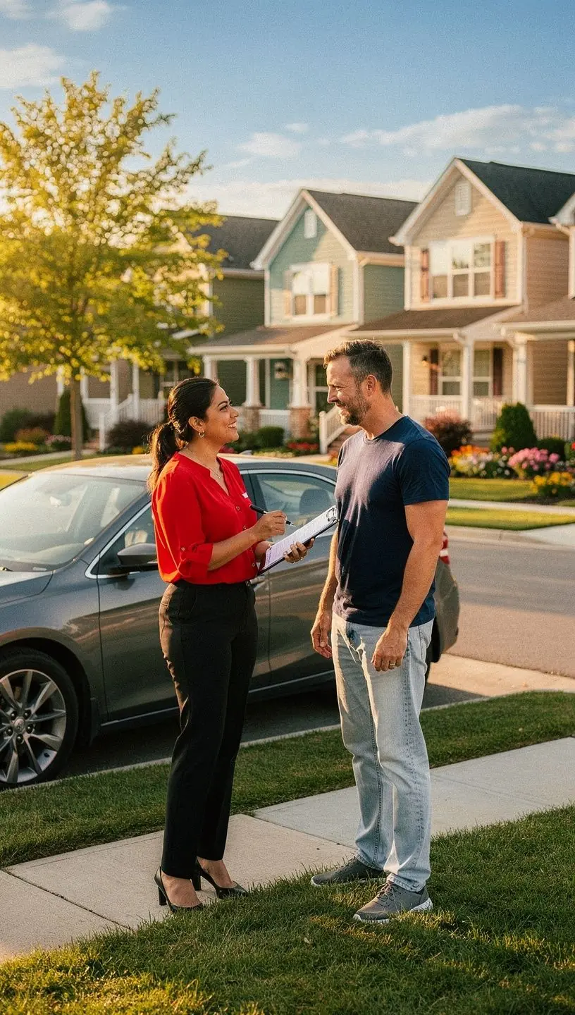 Klient rozmawiający z doradcą ubezpieczeniowym o odnowieniu polisy.