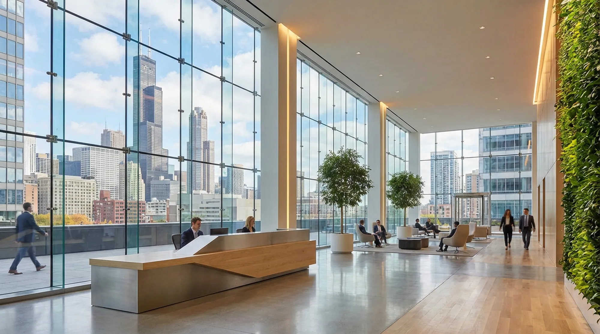 Wnętrze centrum biurowego — ilustracja lokalizacji commonlivingtonehub.com przy Michigan Avenue w Chicago